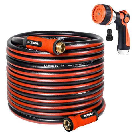 YAMATIC garden hose 75ft extended for long reach watering around the yard.