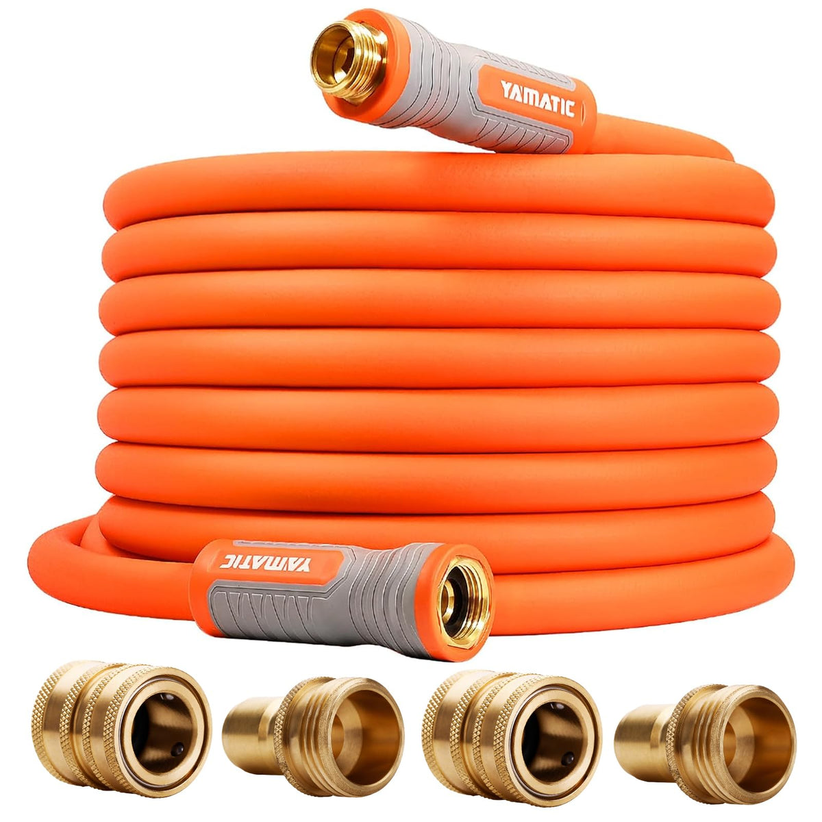 YAMATIC garden hose with ergonomic handle for easy faucet connection and smooth watering.