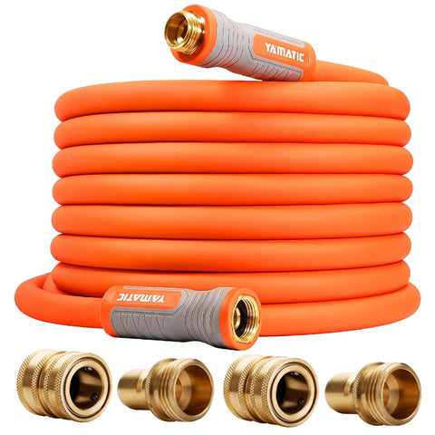 YAMATIC garden hose with ergonomic handle for easy faucet connection and smooth watering.