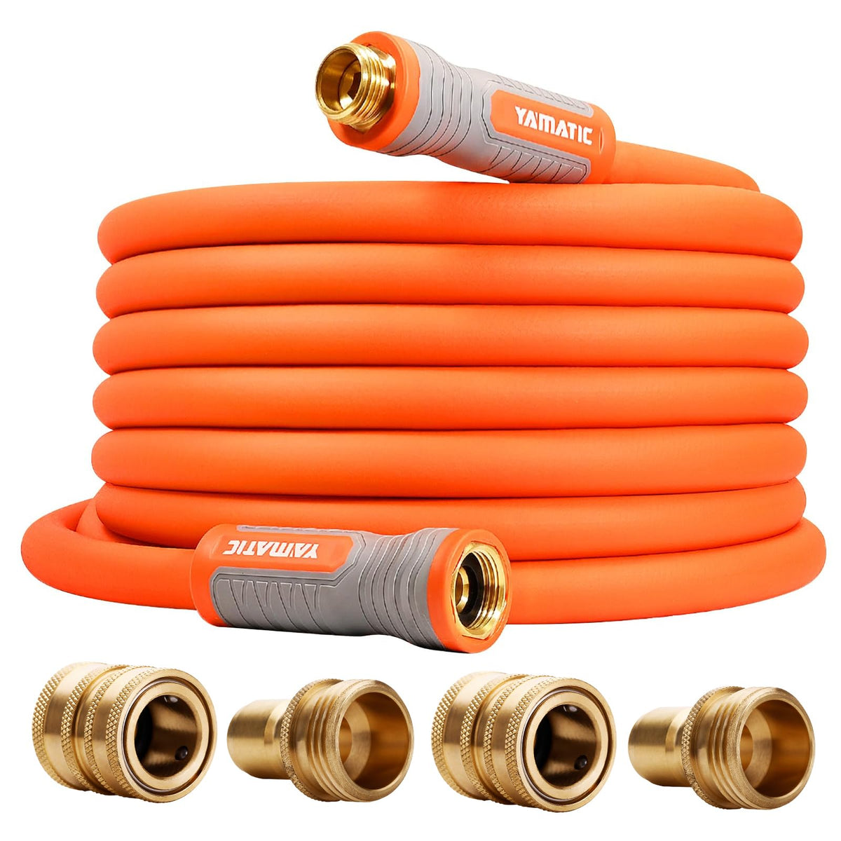 YAMATIC garden hose with ergonomic swivel fittings for easy faucet connection and smooth watering.