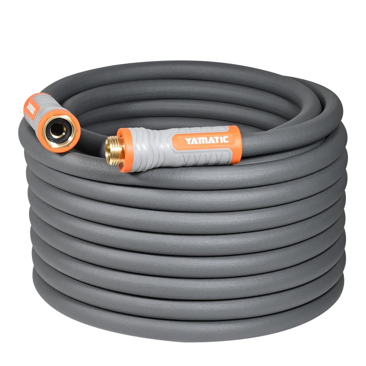 YAMATIC heavy-duty garden hose with swivel handle improves faucet hookup and reduces tangling.