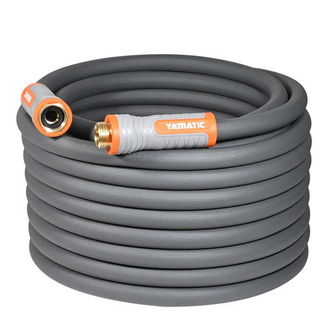 YAMATIC heavy-duty garden hose with swivel handle improves faucet hookup and reduces tangling.