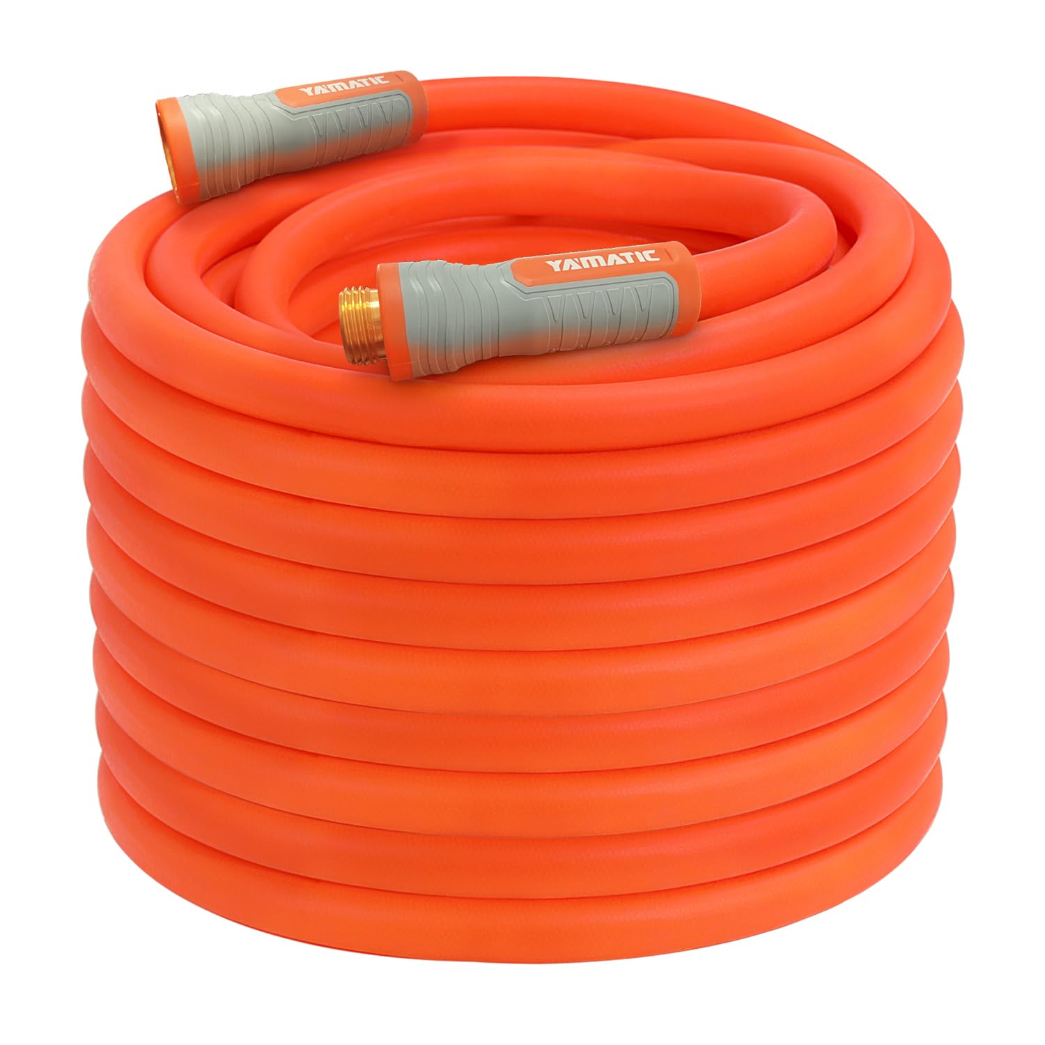 YAMATIC heavy-duty hose with flat coil for tidy storage and smooth watering.