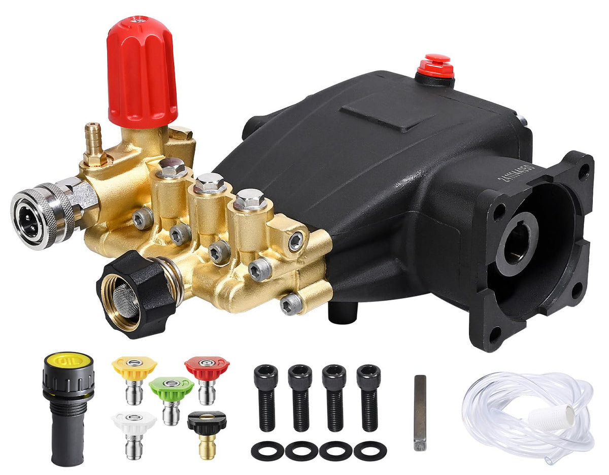 YAMATIC horizontal triplex pump front view shows rugged build for reliable high-pressure performance.