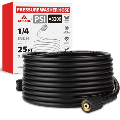 YAMATIC 25ft hose with 14mm brass fittings enables extended patio cleaning.