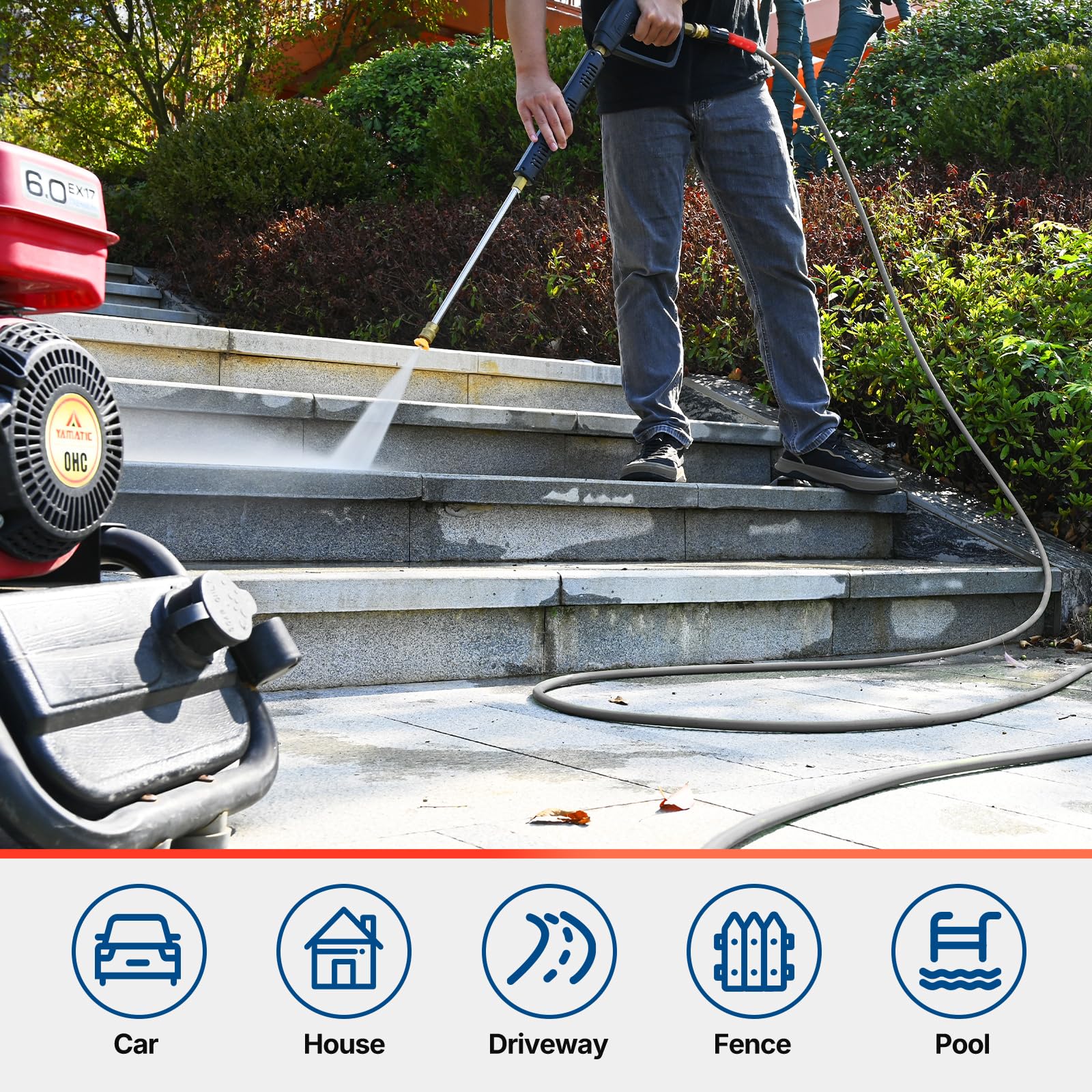 YAMATIC hose in action, extended reach for cleaning