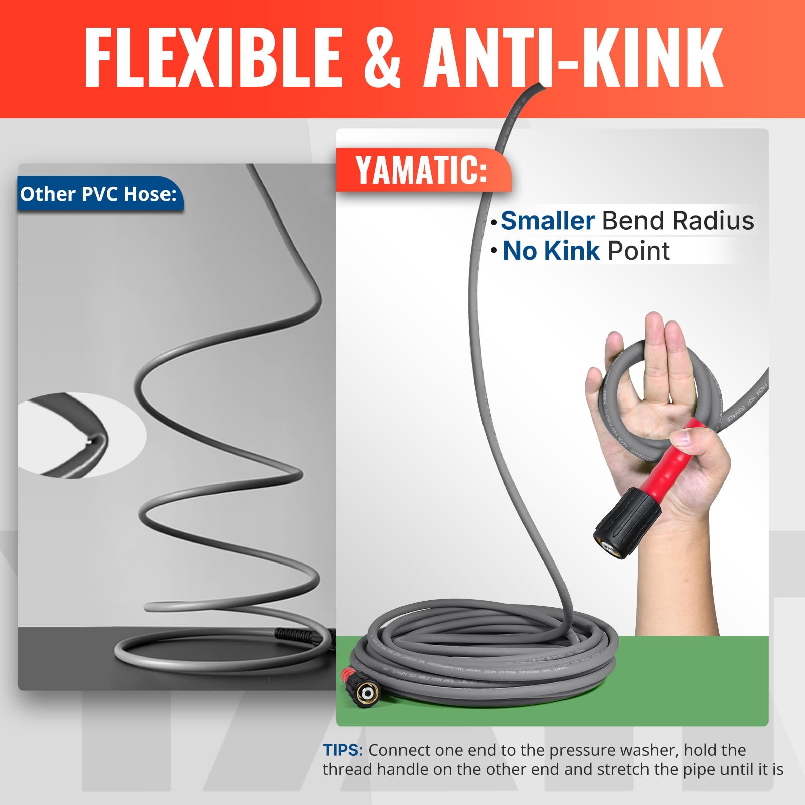 YAMATIC kink-resistant bend visible during cleaning task
