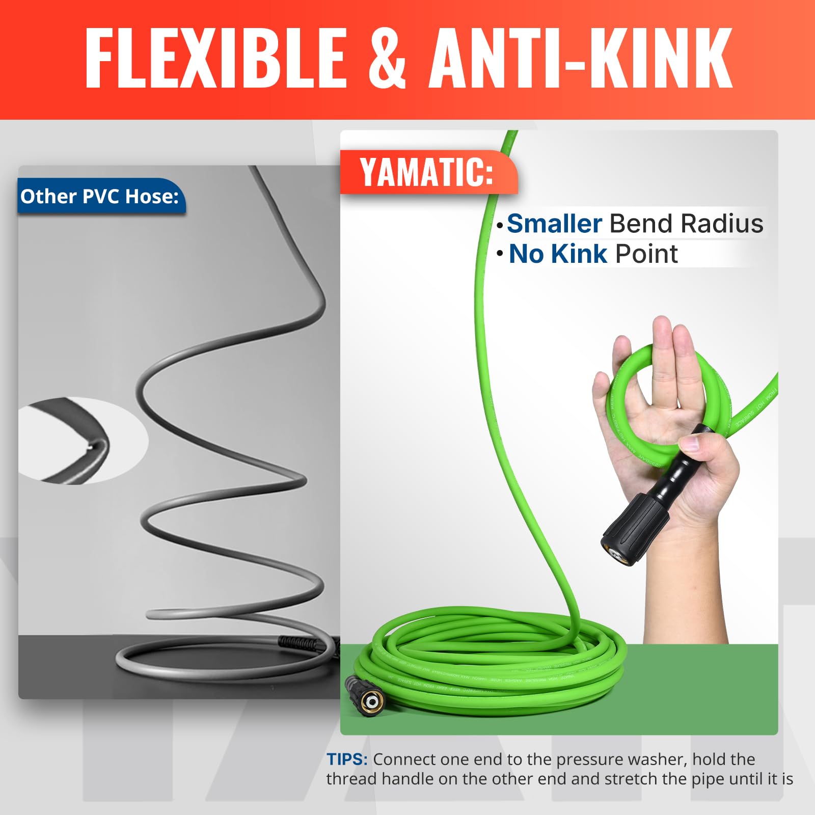 Kink-resistant YAMATIC hose design for smooth cleaning around objects.