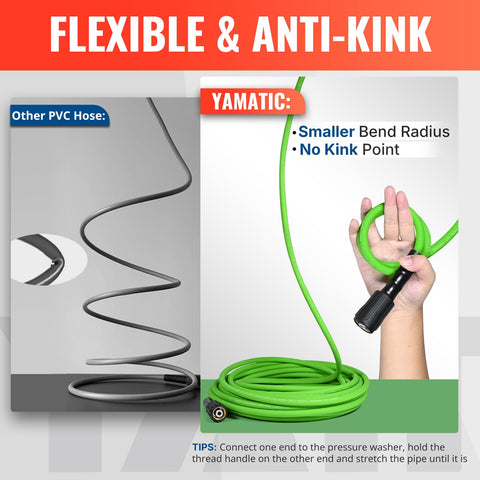 Kink-resistant YAMATIC hose design for smooth cleaning around objects.