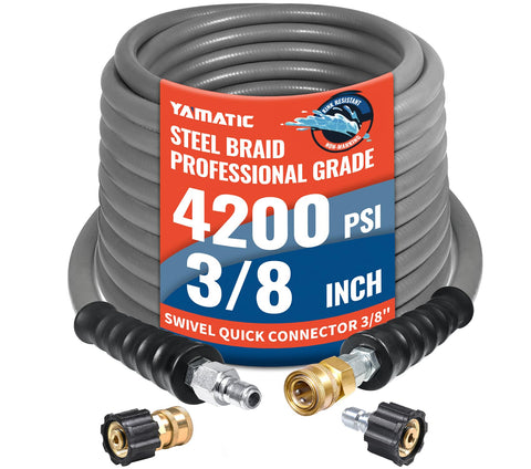 YAMATIC 50ft non-marking hose protecting surface while washing vehicles and driveways