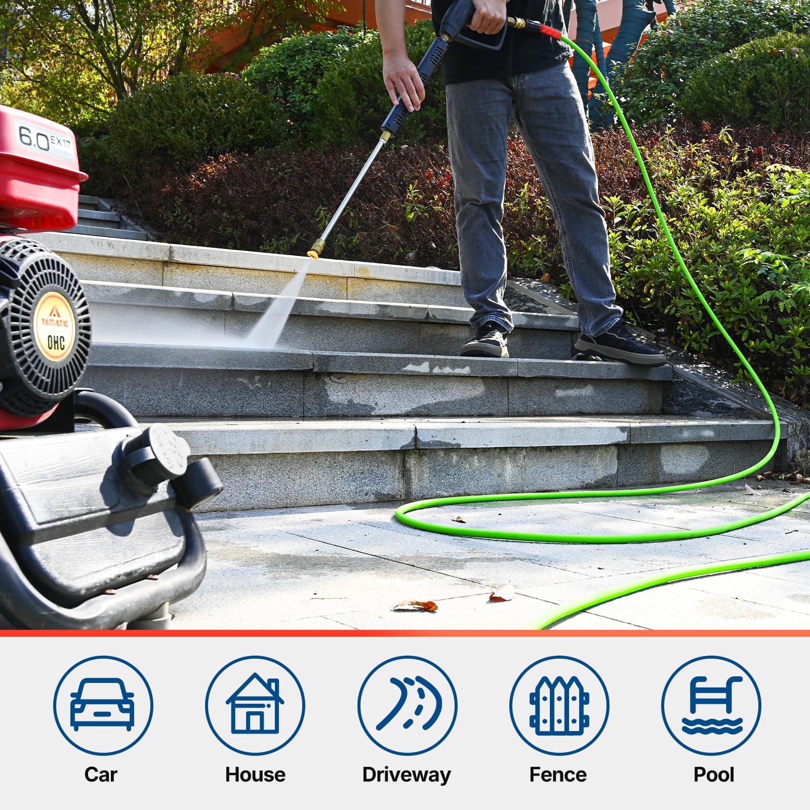 YAMATIC non-marking outer jacket protects driveways from scuff marks.