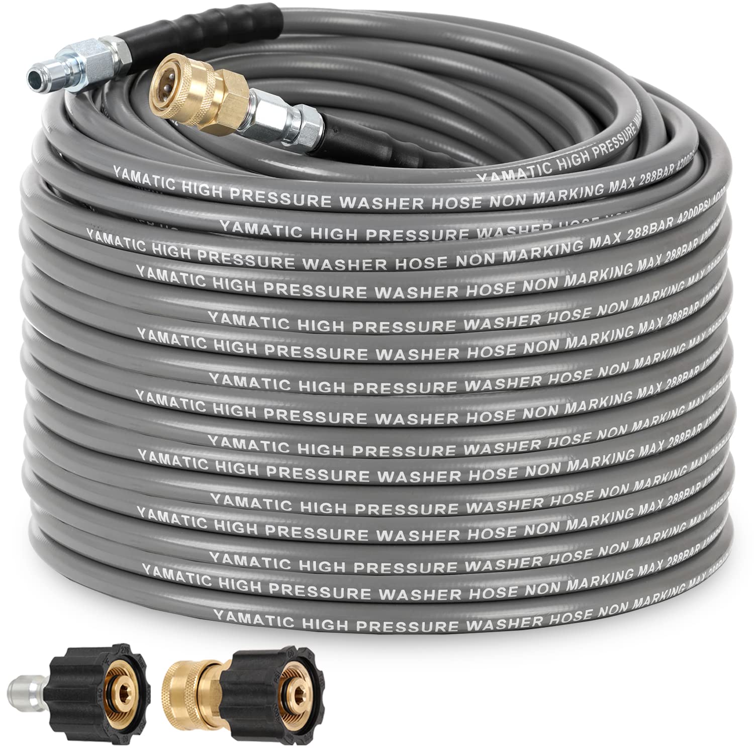 YAMATIC non-marking pressure washer hose 100ft used on a large outdoor surface