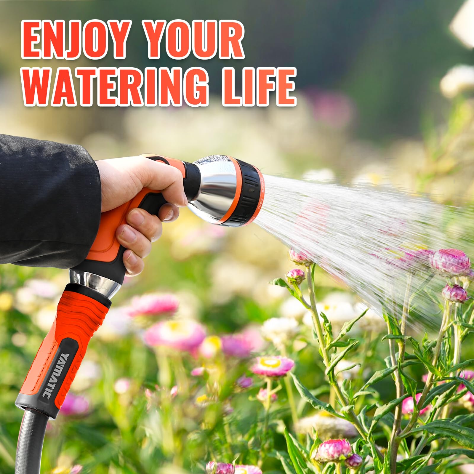 YAMATIC hose ready for patio cleaning and backyard watering tasks