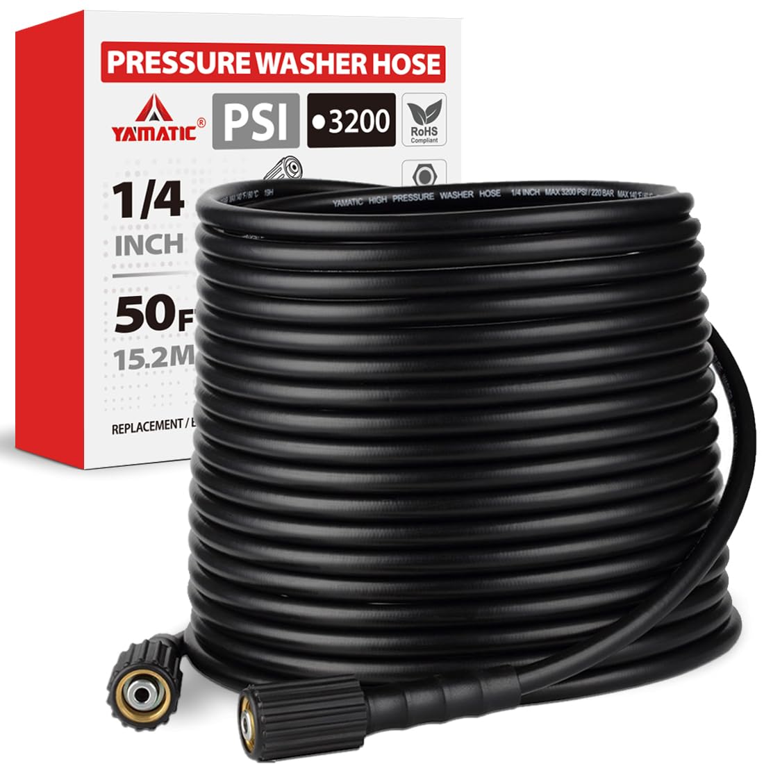 YAMATIC pressure washer hose 50ft with 1/4 in ID for extended reach and versatile cleaning.