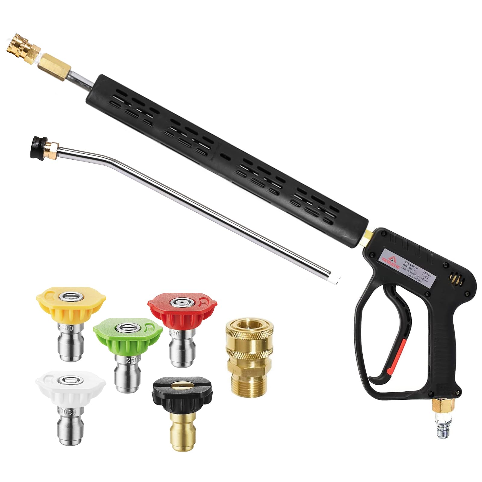 YAMATIC pressure washer gun with 3/8 swivel inlet for tangle-free cleaning.