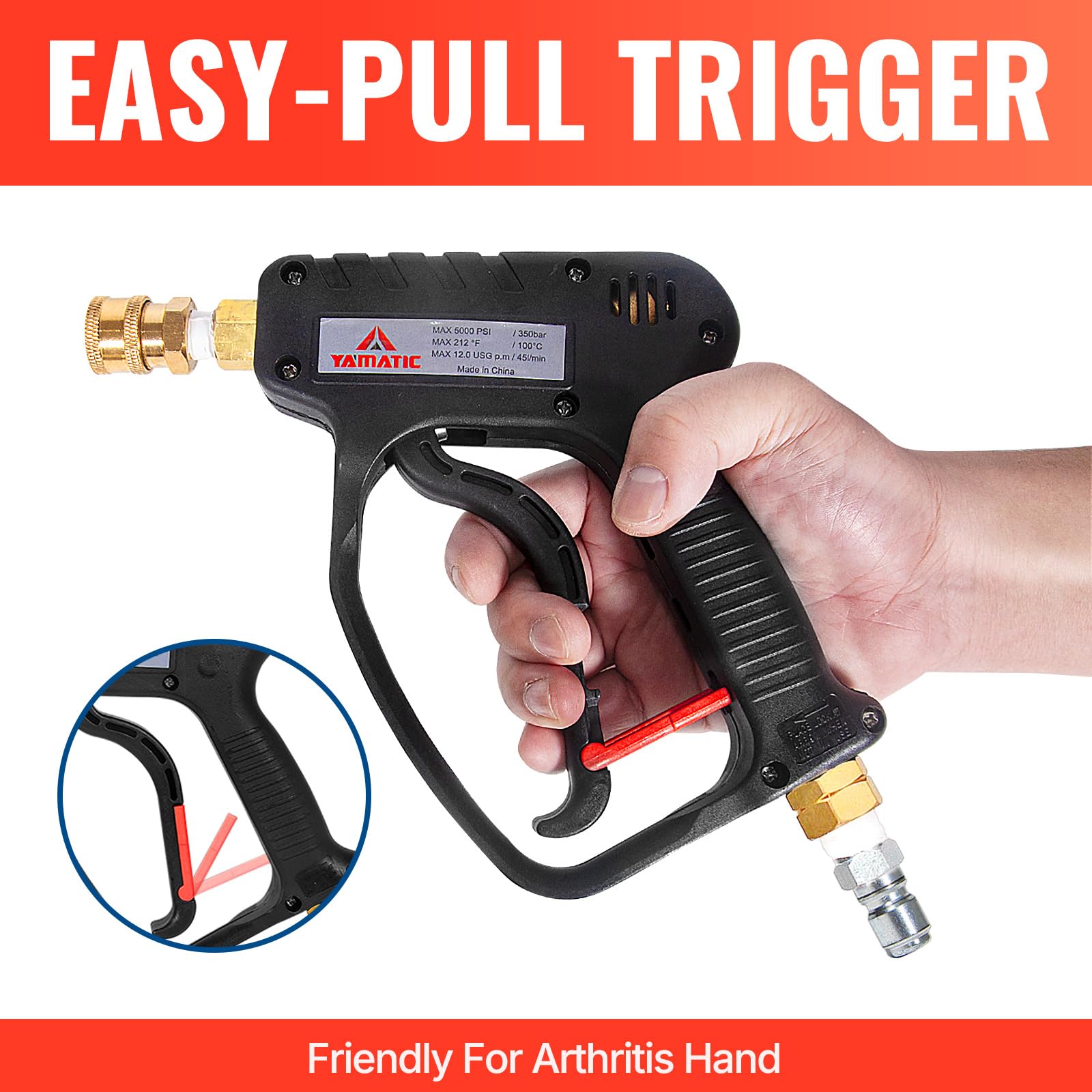 YAMATIC pressure washer gun brass trigger ensures smooth, low-vibration performance.