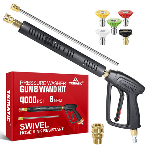 YAMATIC pressure washer gun with swivel enables tangle-free cleaning on all surfaces.