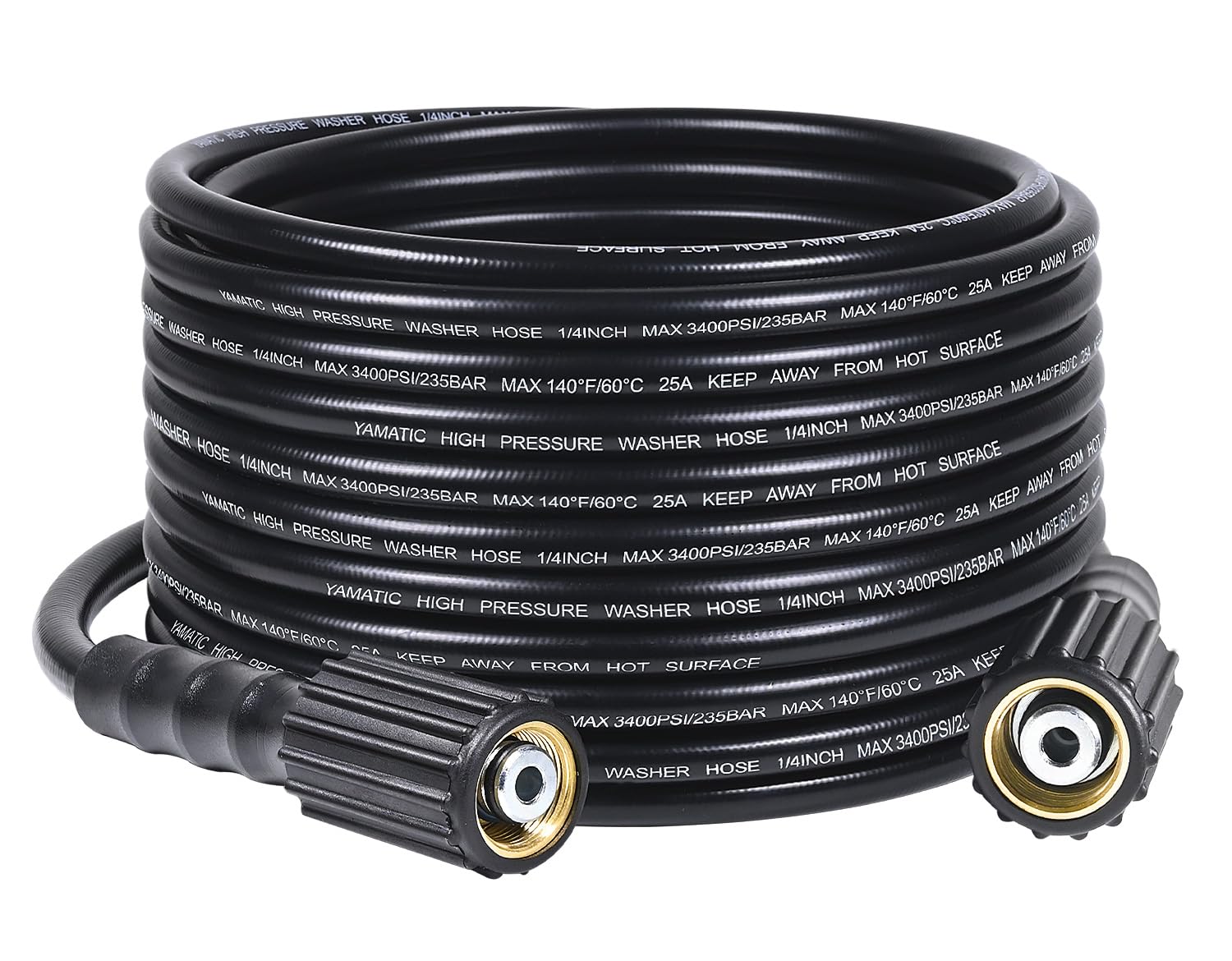 YAMATIC 25ft pressure-washer-hose delivers 3400 PSI for tough outdoor cleaning.