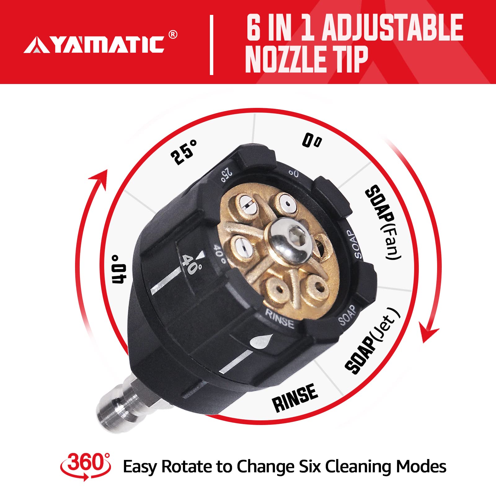YAMATIC pressure washer nozzle with aluminum head for durability.