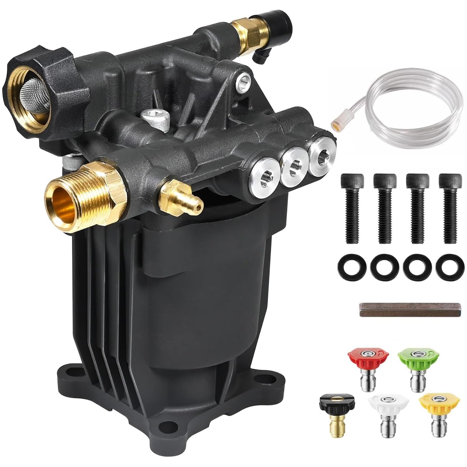 YAMATIC pressure-washer-pump side-view highlights a compact build for easy replacement and quick setups.