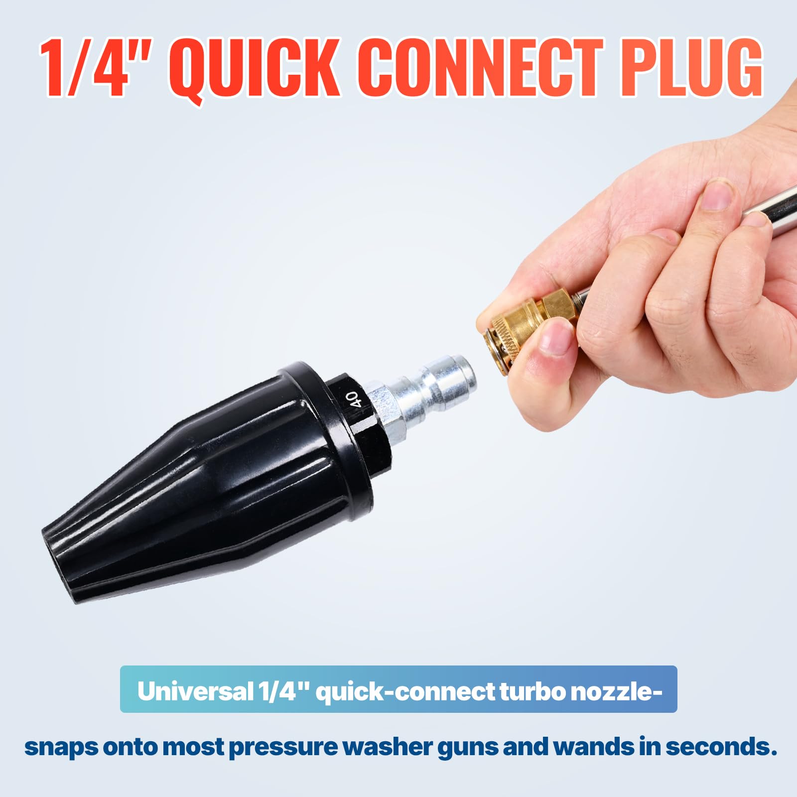 YAMATIC quick-connect 1/4-inch fitting for quick setup with washers.