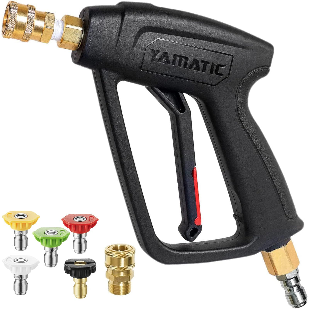 YAMATIC short pressure washer gun with 360° swivel inlet to reduce hose tangling.