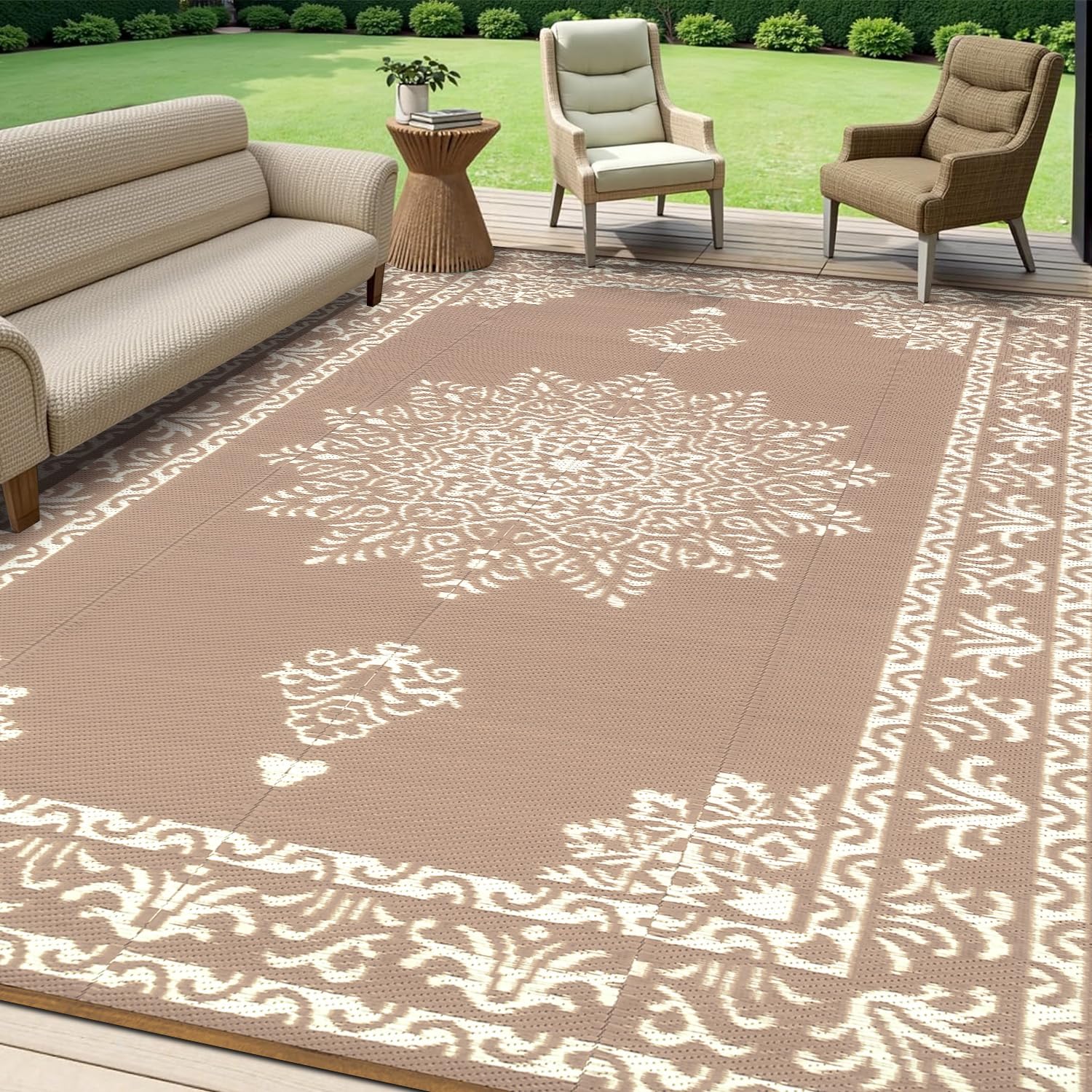 Yamaziot outdoor rug with boho reversible pattern for versatile patio styling.
