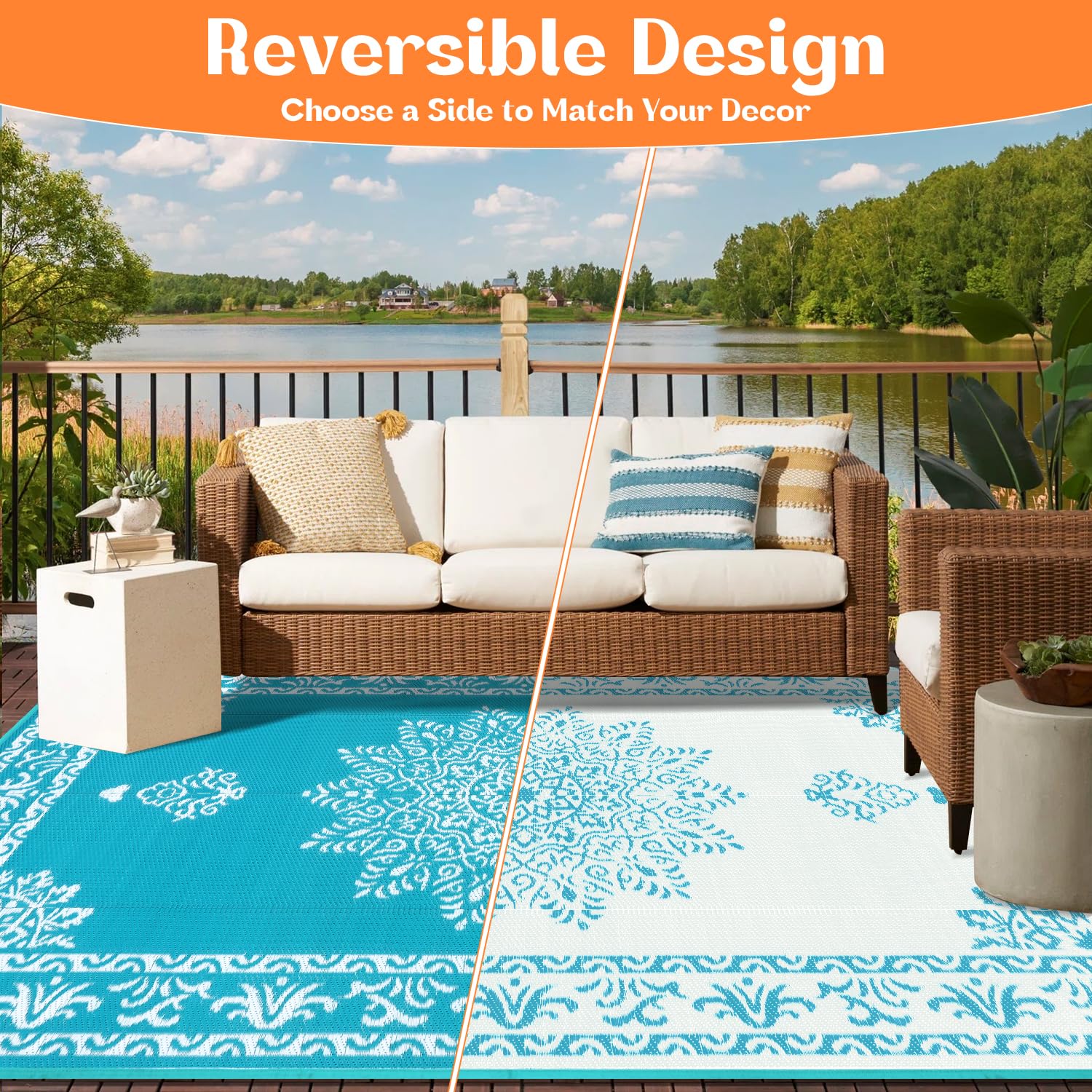 Yamaziot outdoor rug 8x10 teal reversible pattern shows two looks for versatility.