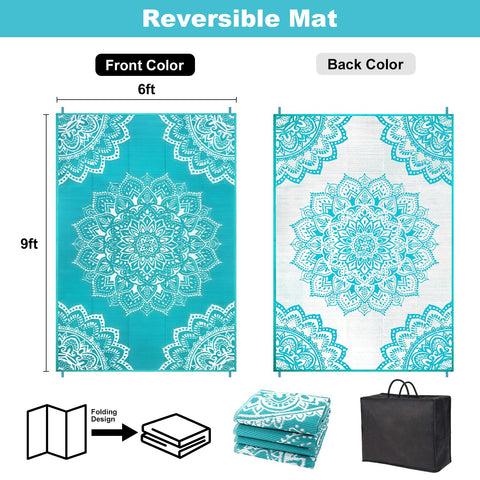 Yamaziot blue outdoor rug on patio showcases durability