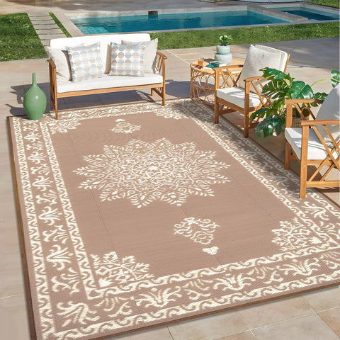 Yamaziot brown outdoor rug complements any outdoor setting.