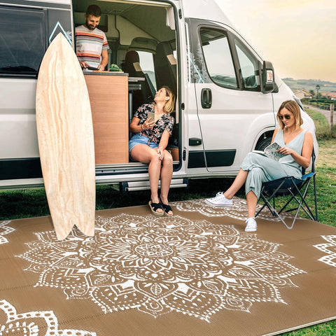 Yamaziot outdoor rug shown in camping setup for porch, deck, or picnic.