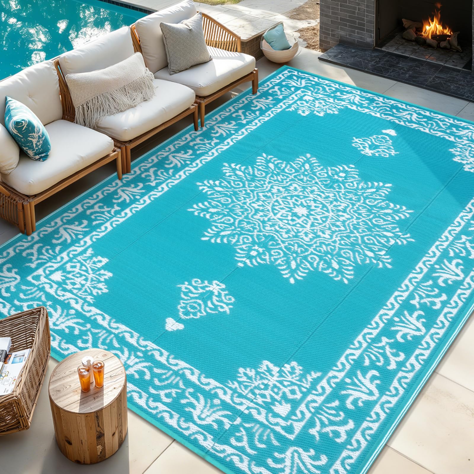 Yamaziot outdoor rug deck setup ideal for patios, porches, and balconies.