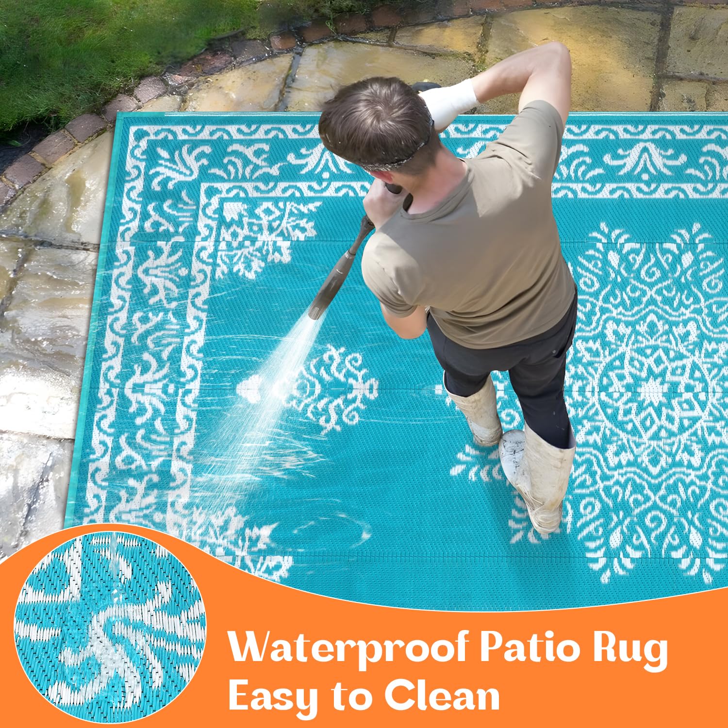 Yamaziot rug cleaned with hose-off practicality for outdoor spaces