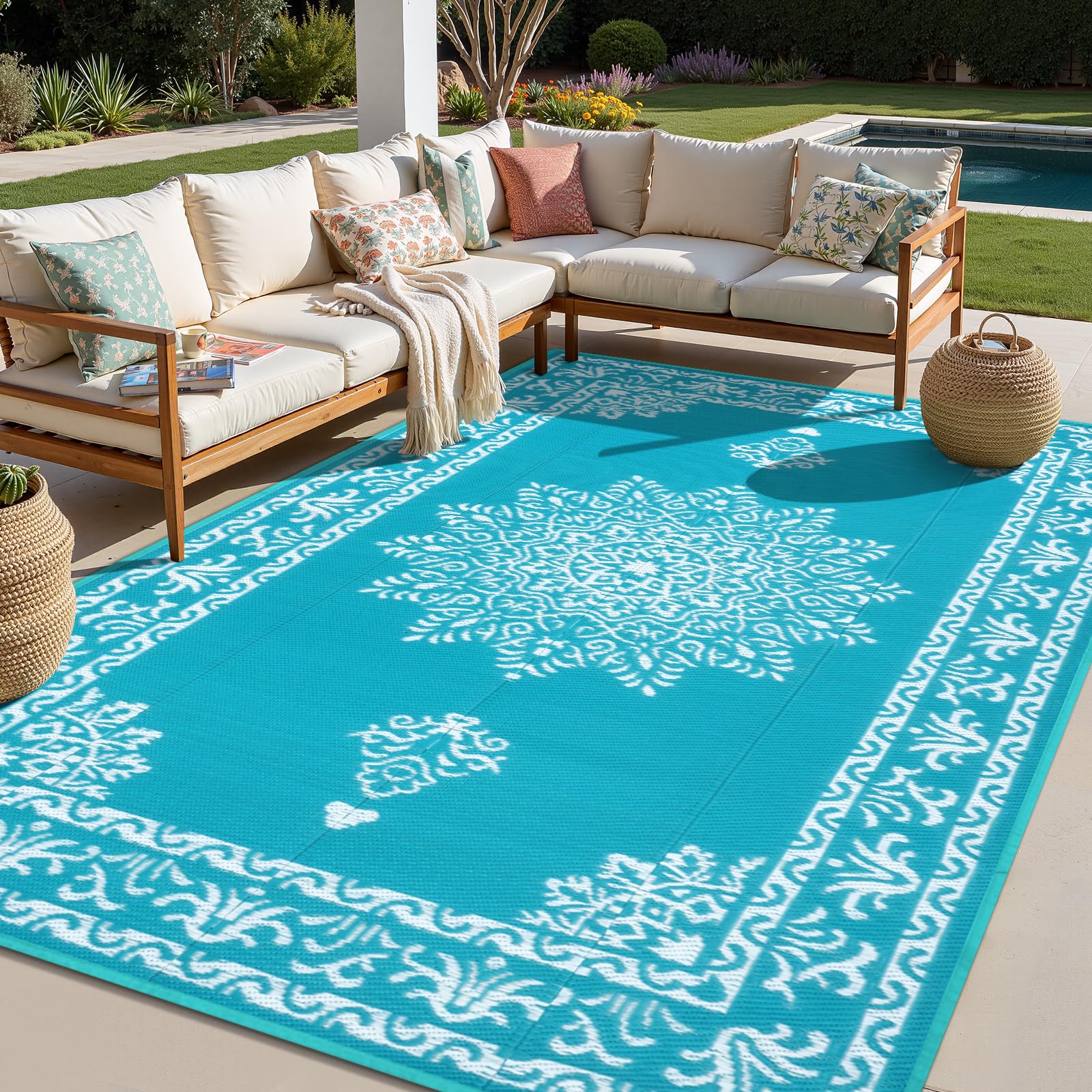 UV-coated Yamaziot rug maintains color against sun exposure