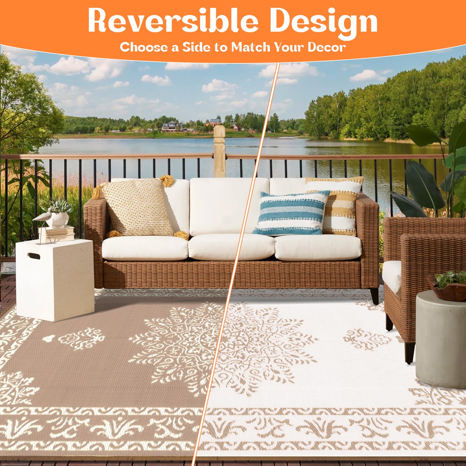 Yamaziot outdoor rug showcases waterproof, easy-clean design for decks and patios.
