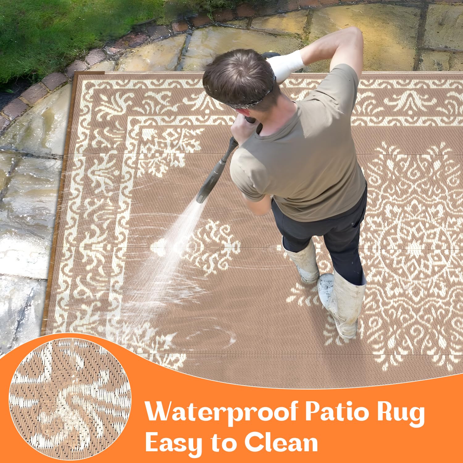 Yamaziot outdoor rug is waterproof and easy to clean after outdoor use.