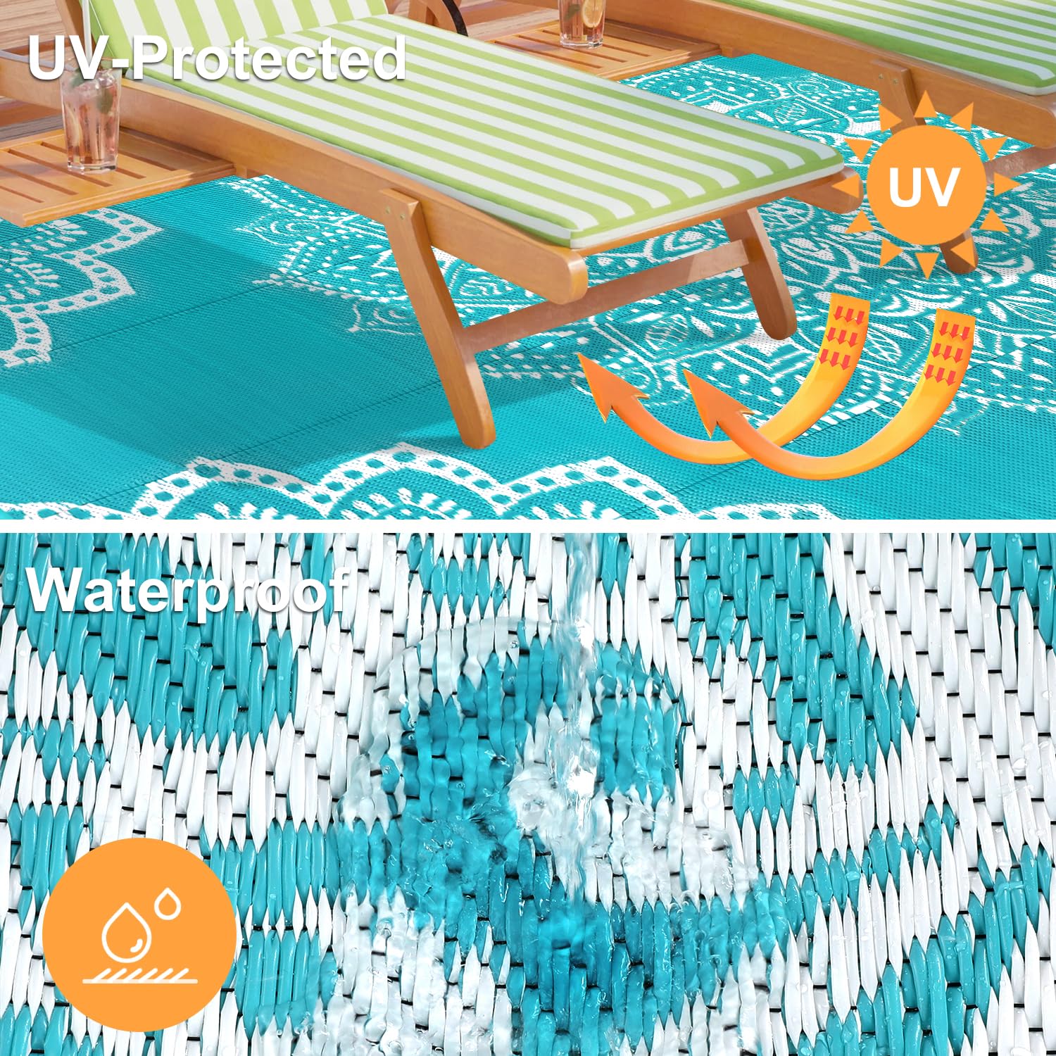 Yamaziot 5x8 blue rug with carrying bag for portable setup.