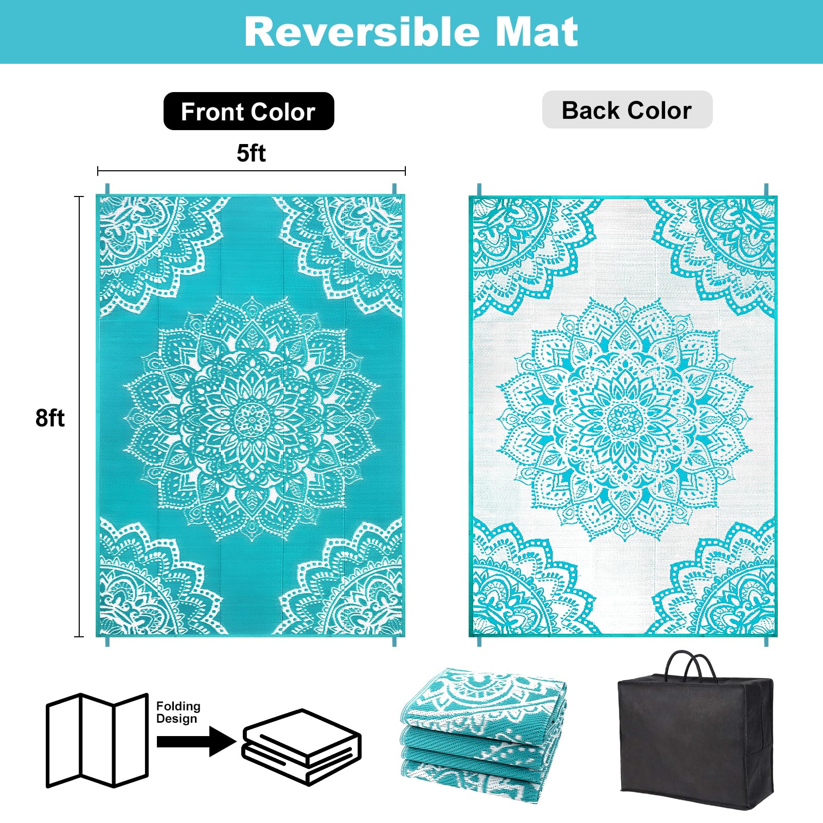 Yamaziot reversible rug blue and straw sides offer flexible styling.