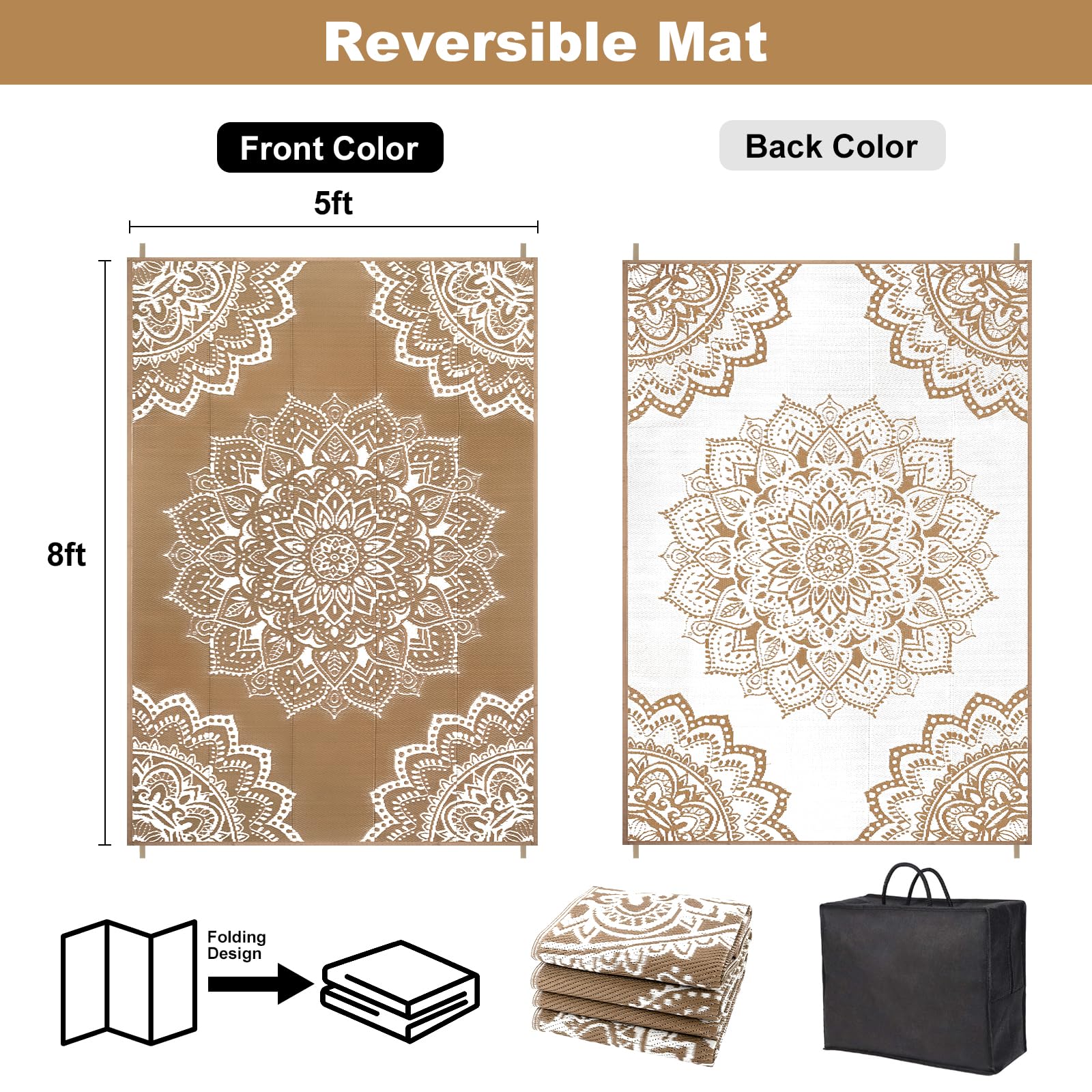 Yamaziot reversible plastic straw rug on patio side for versatile styling.