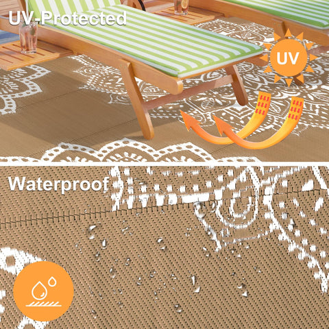 Yamaziot stain-resistant rug cleans easily with hose or damp cloth after outdoor events.