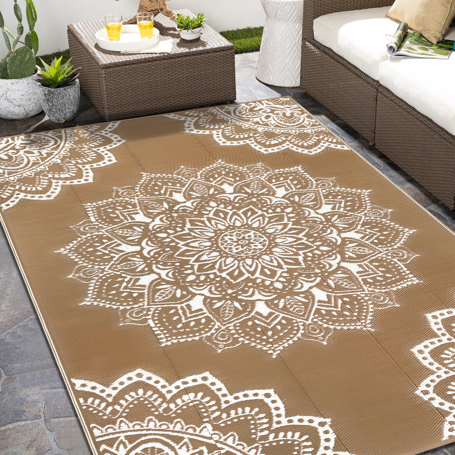 Yamaziot 6x9 brown waterproof outdoor rug, durable for patios and decks.