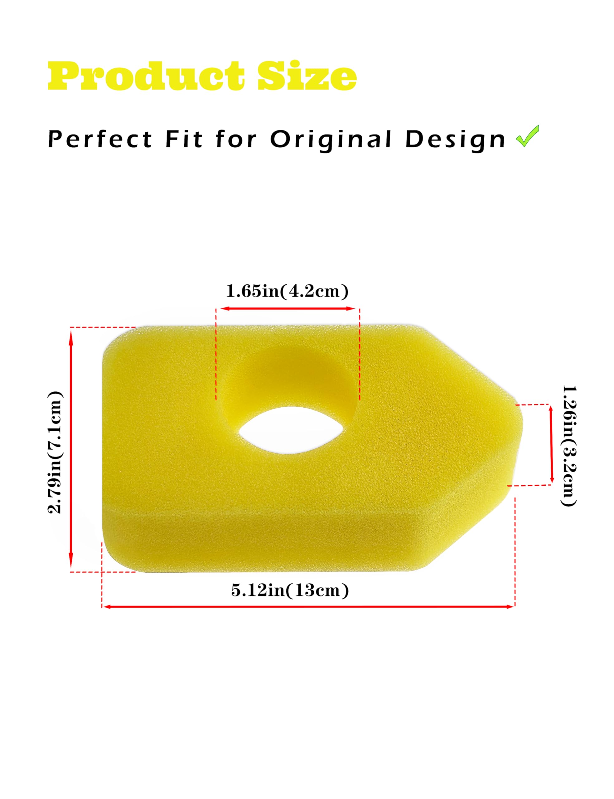 YAMAKATO foam filter dimensions image showing size: 5-1/8 x 2-7/8 x 1-1/4 inches