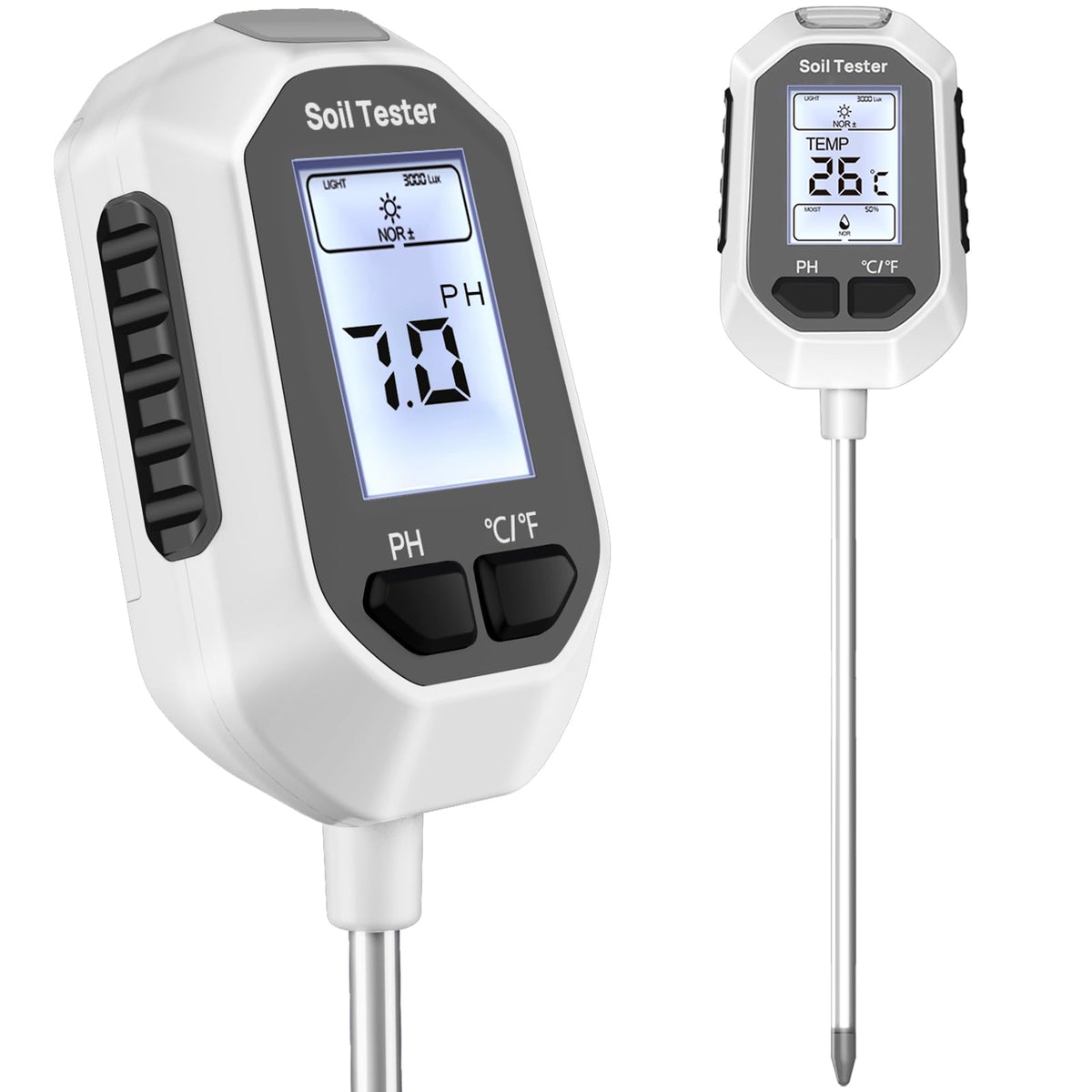 YAMRON 4-in-1 meter display shows soil moisture, pH, temp, and light clearly.