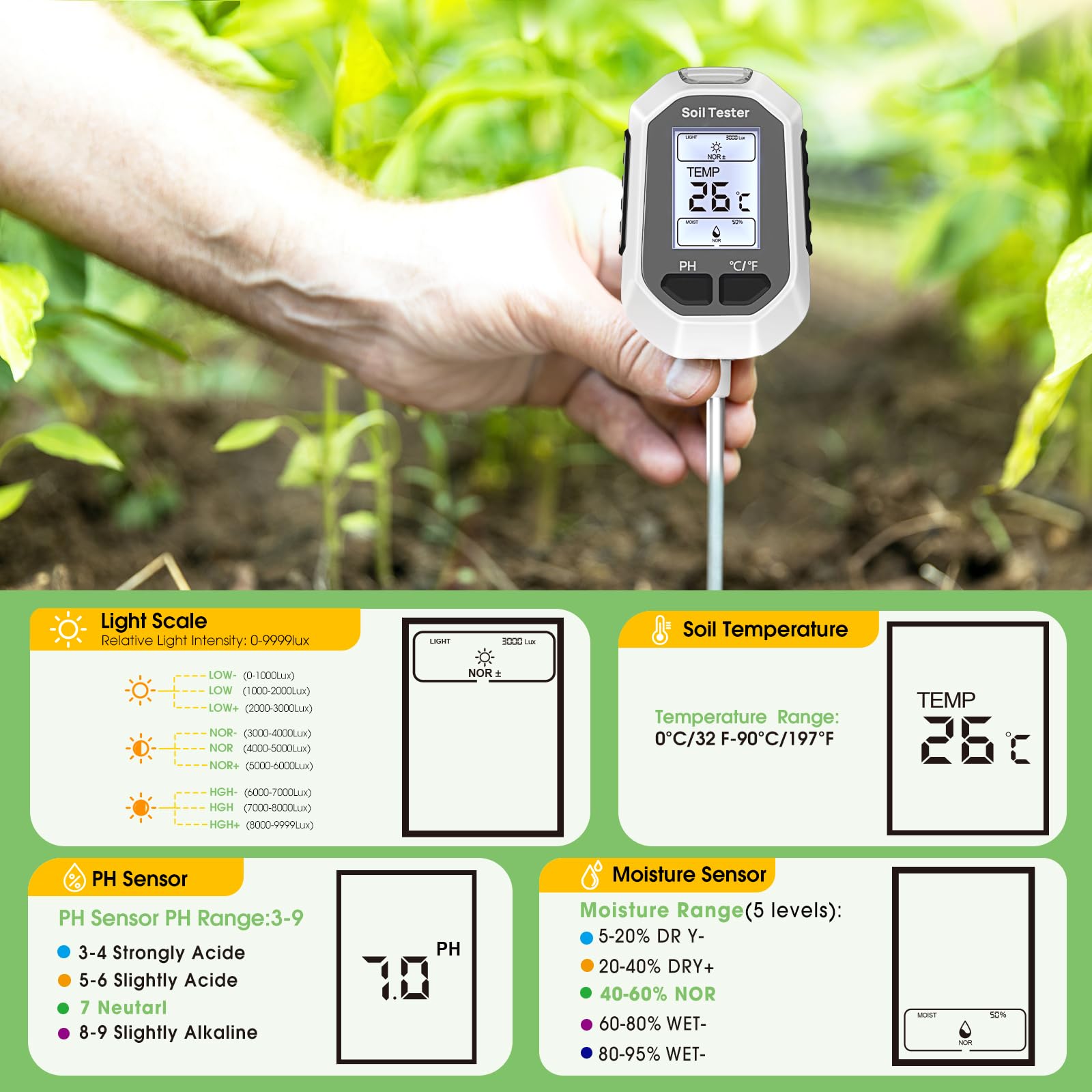 YAMRON soil pH meter enables precise soil adjustments for healthier roots.