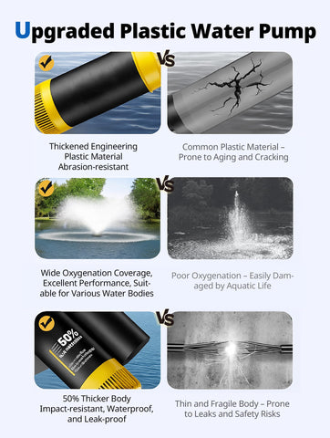 YANASO pond fountain aerator pump 50ft cord extends reach for easy outdoor installation and power access.