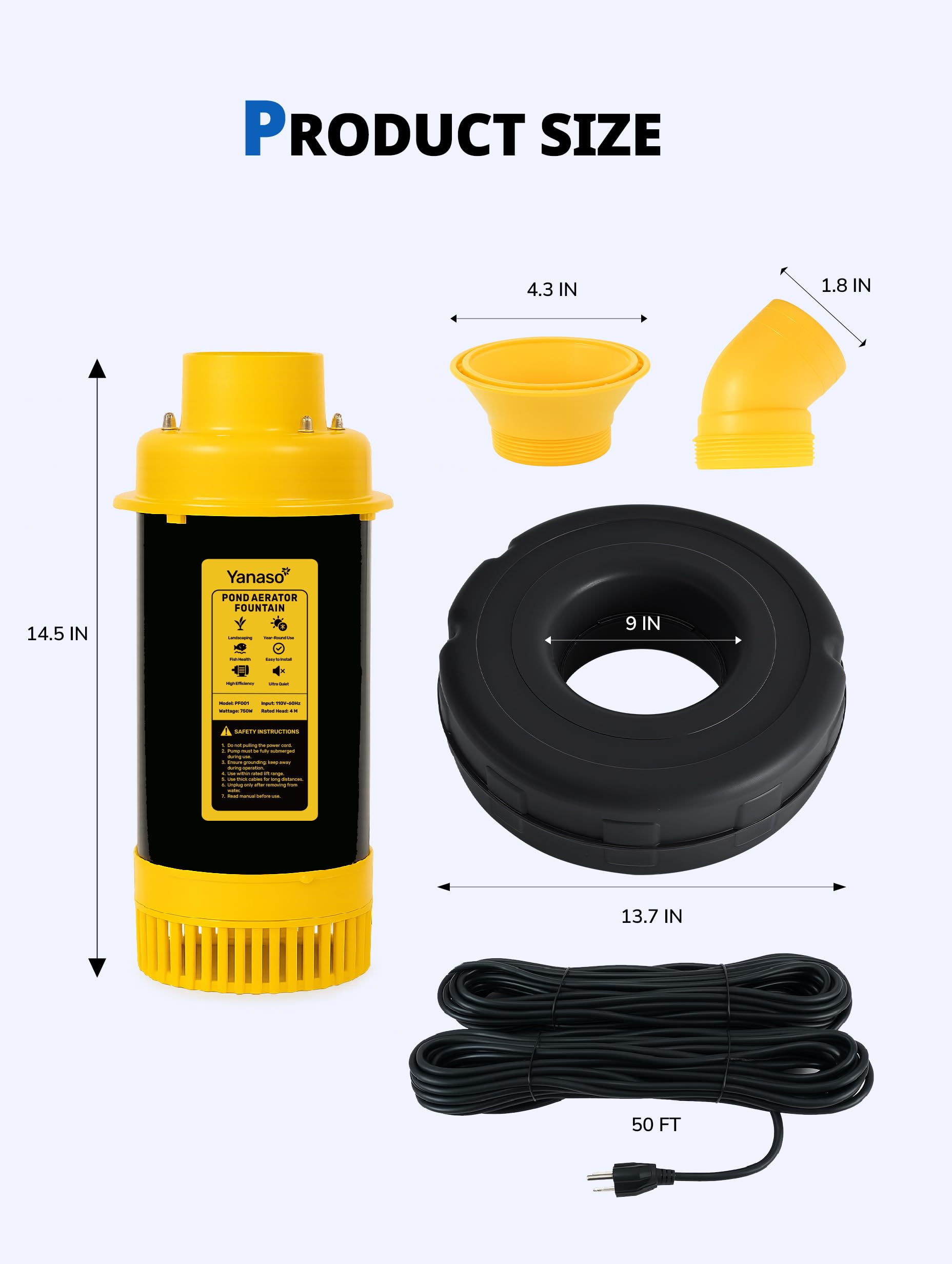 YANASO pond fountain aerator pump floating design remains upright for reliable aeration in changing water conditions.
