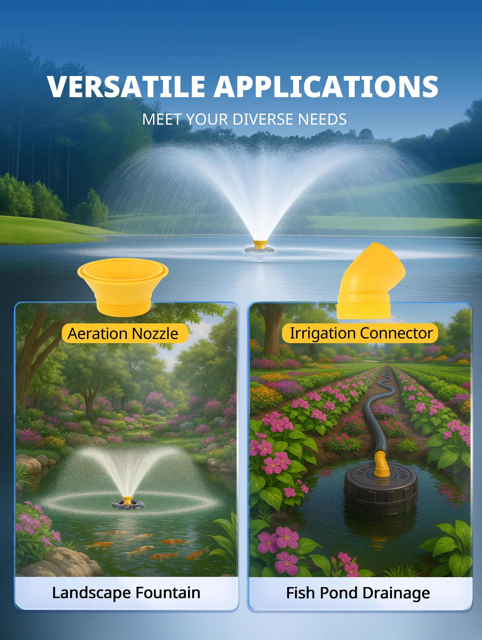 YANASO pond fountain aerator pump with two nozzles provides dynamic visual patterns and efficient water turnover.