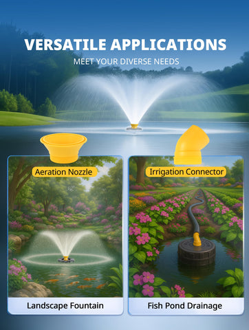 YANASO pond fountain aerator pump with two nozzles provides dynamic visual patterns and efficient water turnover.