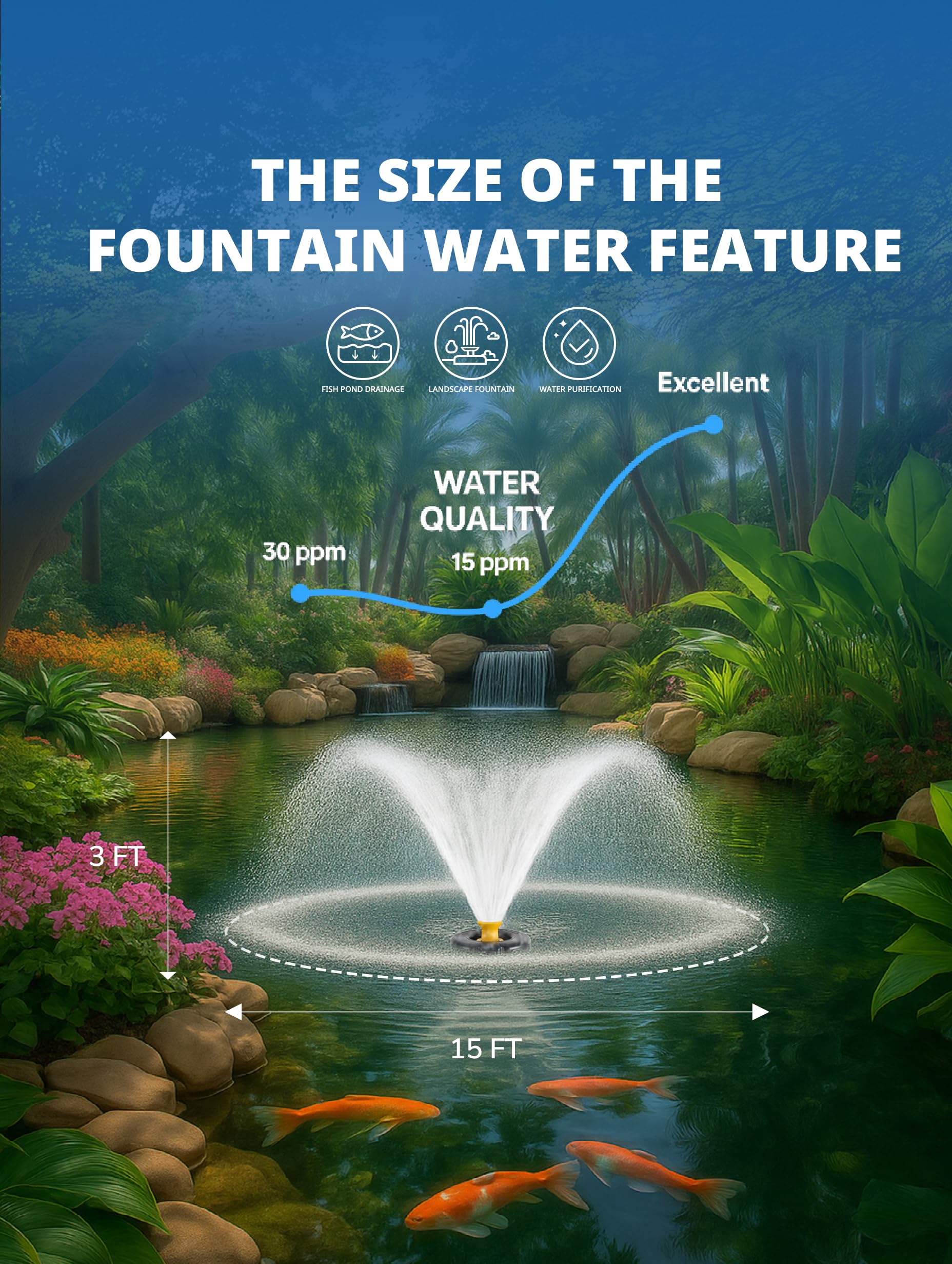 YANASO pond fountain aerator pump V-pattern spray creates dramatic arcs for a striking garden feature.