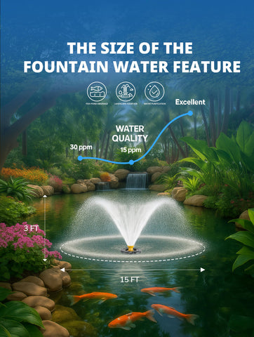 YANASO pond fountain aerator pump V-pattern spray creates dramatic arcs for a striking garden feature.